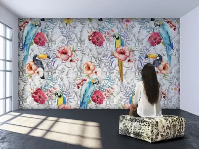 Carta da parati vinilica con fiori, pappagalli e tucani Rio Grande di Instabilelab