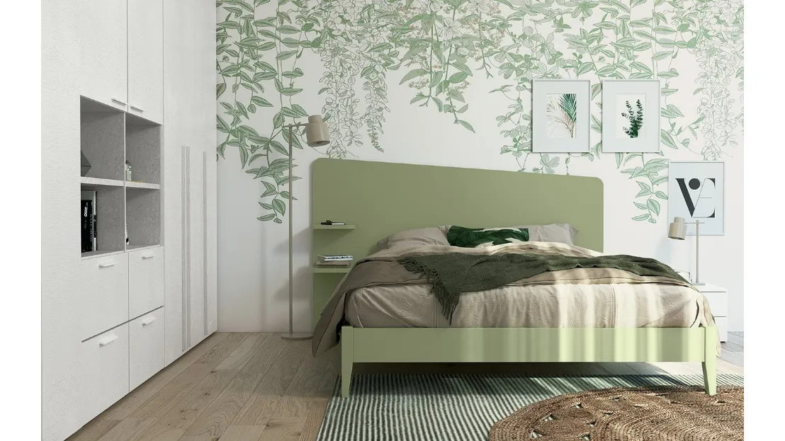 Letto matrimoniale con testiera  Volo Edge Plus con giroletto Nettuno finitura Oliva di Colombini Casa