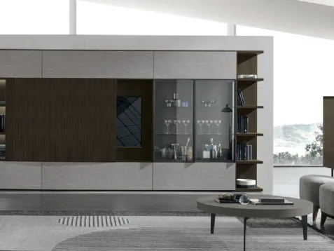 Parete Attrezzata Atlante UNIT AT211 in materico rovere moka, legno rovere moka canettè e materico piasentina scuro di Tomasella