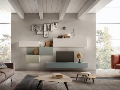 Parete Attrezzata in legno laccato opaco nebbia, verde oliva, verde muschio e carta da zucchero Living 02 di Arredo3