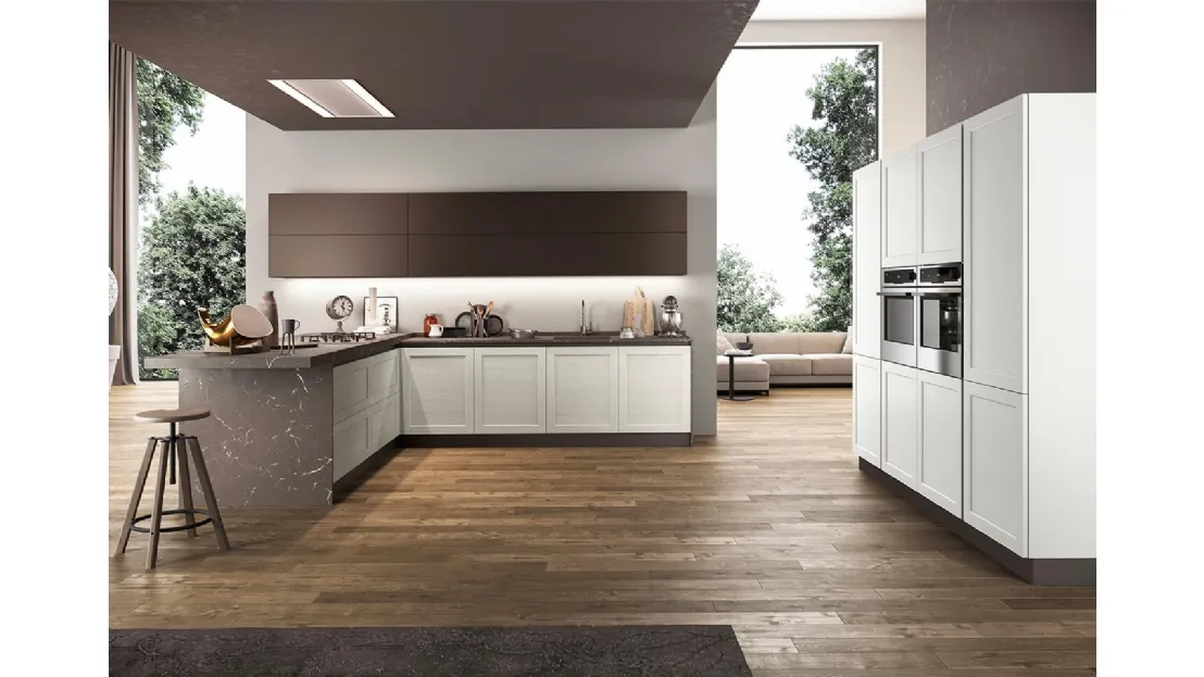 Cucina angolare Classica Frame con basi in Frassino e top in laminato effetto Marmo di Arredo3