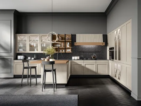 Cucina Classica angolare Frida classic in Frassino massello finitura decapè Fieno con top in quarzo di Arredo3