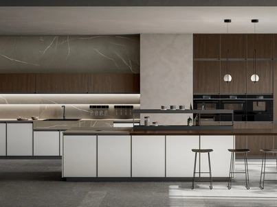 Cucina Moderna con isola Kronos 02 in pet bianco e laminato noce di Arredo3