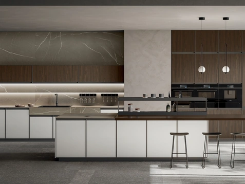 Cucina Moderna con isola Kronos 02 in pet bianco e laminato noce di Arredo3