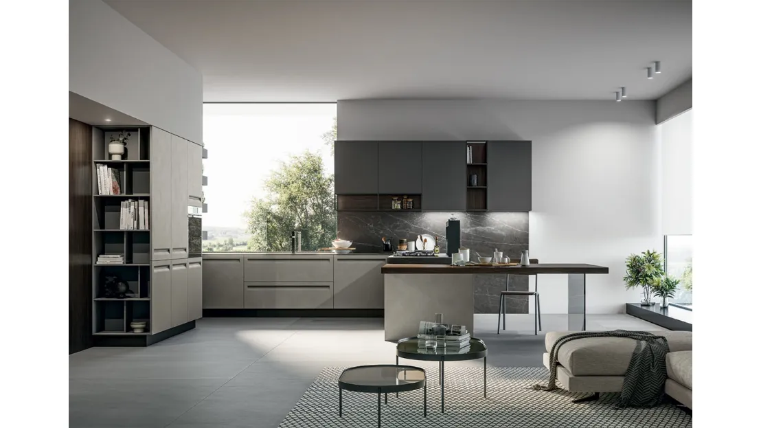 Cucina Moderna angolare in Pet opaco resina polvere, pensili in polimerico opaco lavagna e top in pietra grey con penisola Tekna di Arredo3