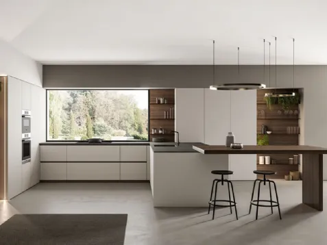 Cucina Moderna angolare laccato opaco Nebbia con penisola in Eucalipto Noce Time di Arredo3