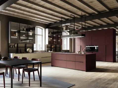 Cucina Moderna con isola Tratto 10 in Pet riciclato e piano in laminato speciale Fenix rosso Jaipur di Arredo3