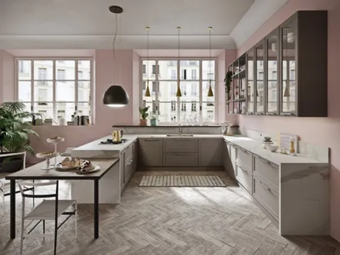 Cucina Moderna angolare con penisola in laccato opaco e HPL effetto marmo Vintage di Ar-Tre