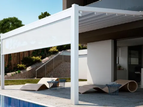 Pergola Fusion in alluminio con telo ad impacchettamento Tecnic e tenda verticale integrata di Pratic