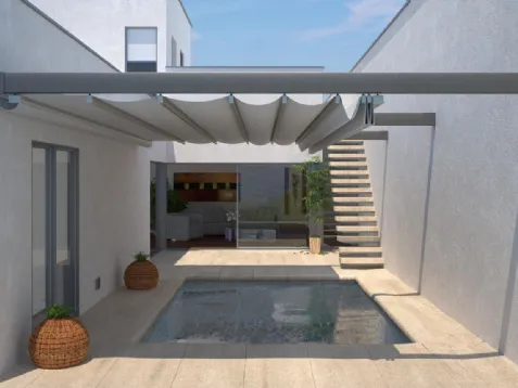 Pergola con copertura One scorrevole ad impacchettamento con tessuto impermeabile e oscurante di Pratic