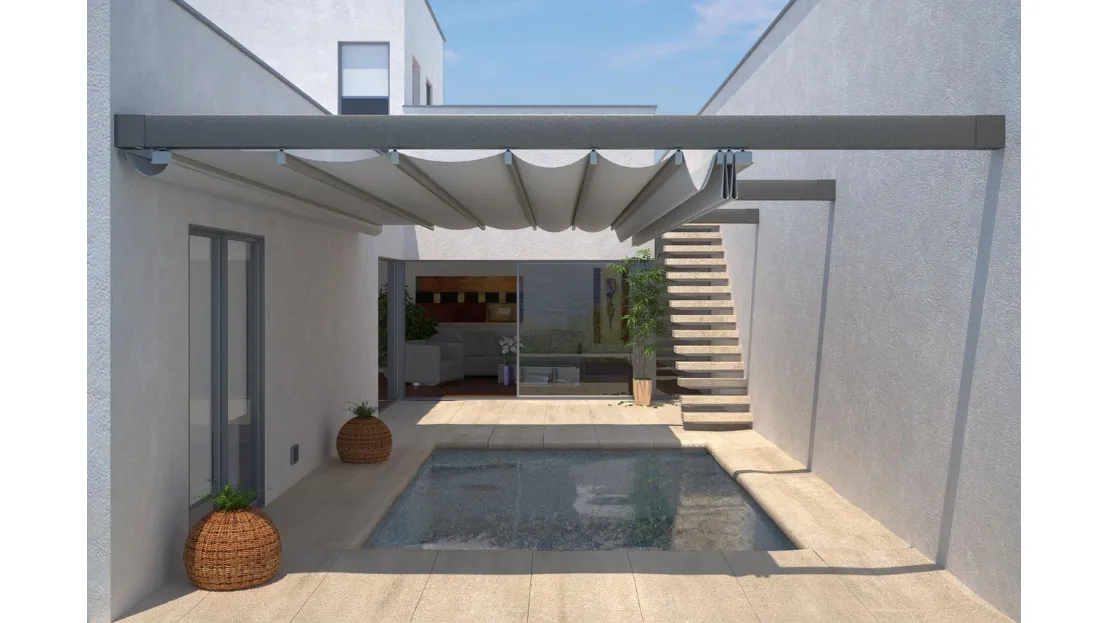 Pergola con copertura One scorrevole ad impacchettamento con tessuto impermeabile e oscurante di Pratic