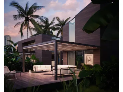 Pergola con copertura in PVC impacchettabile e in piano che protegge in modo uniforme la superficie sottostante Phoenix di Pratic